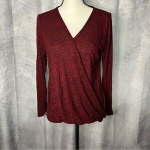Rock & Republic Burgundy & Black Faux Wrap Long Sleeve Ribbed Top - MED